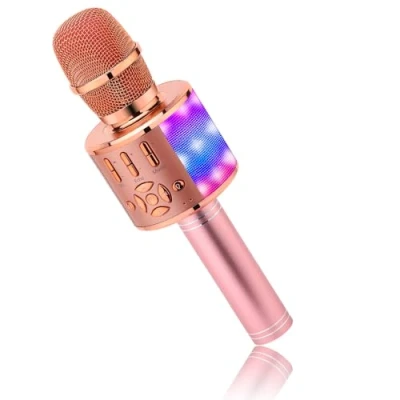 Immagine di BONAOK Microfono Karaoke Bluetooth, Microfoni Wireless 4 in 1, LED per Adulti Altoparlante, Compatibile con Dispositivi Bluetooth iOS Android (Oro Rosa Plus)