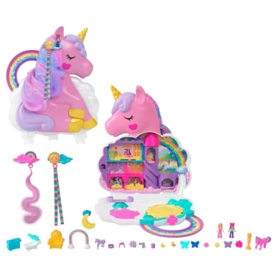Immagine di Polly Pocket Salone di Bellezza unicorno Arcobaleno, playset cofanetto con testa pettinabile e 2 micro bambole, oltre 25 accessori, giocattolo per bambini 4+ anni, HMX18