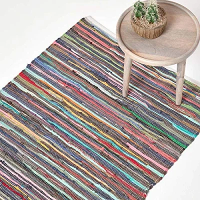 Immagine di Homescapes Tappeto di cotone chindi riciclato, base colore: bianco, motivo a righe, multicolore 70 x 120 cm Peso: 1.700 kg