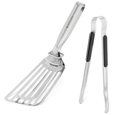 Immagine di Navaris Doppia Paletta e Pinze Set Utensili in Acciaio Inox Antiaderente Spatola per Cucinare Pesce Carne Pinza Cucina Barbecue