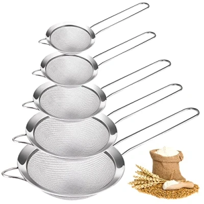 Immagine di Vegena Set di 5 colino da cucina a maglia fine, in acciaio inox, misure, setaccio piccolo, filtro metallo inox fine per setacciare, scolare e sciacquare verdure, pasta, tè