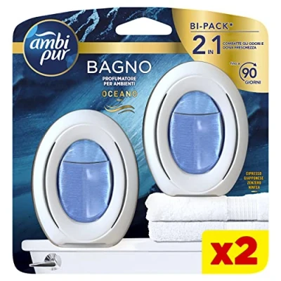 Immagine di Ambi Pur Bagno Profumatore Per Ambienti, 2 Profumatori Bagno, Fragranza Oceano, Diffusore Ambiente Con Tecnologia Elimina Odori, Durata Fino A 45 Giorni