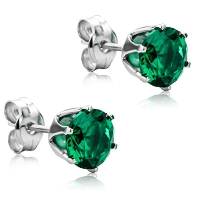 Immagine di Orecchini Orovi con Smeraldi Verde Brillante in Oro Bianco, Vero 9KT 375, Piccoli a lobo, Bottoni ipoallergenici perno e chiusura farfalla pressione.