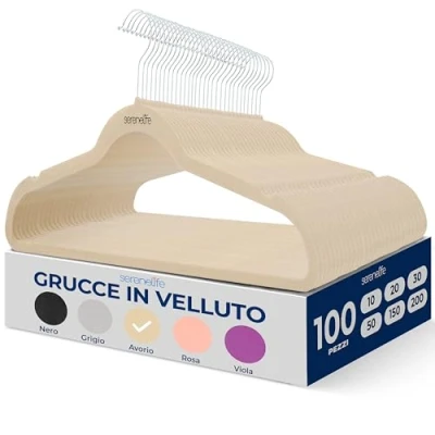 Immagine di SereneLife Set di 100 grucce in velluto, salvaspazio, resistenti, sottili, con gancio girevole a 360 gradi, possono contenere fino 4,5 kg, per cappotti, giacche, pantaloni e vestiti (avorio)