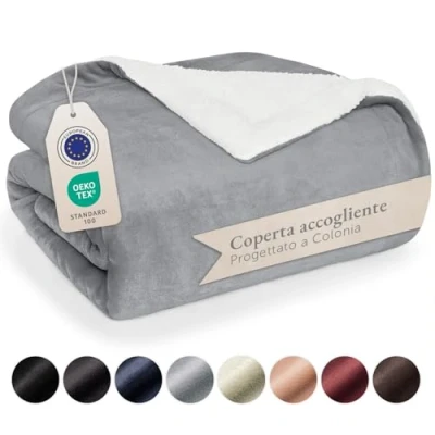 Immagine di Blumtal Coperta Matrimoniale Sherpa Pile Plaid Divano Super Morbida di Alta Qualità Certificata OKEO Tex 220 x 240 cm Grigio