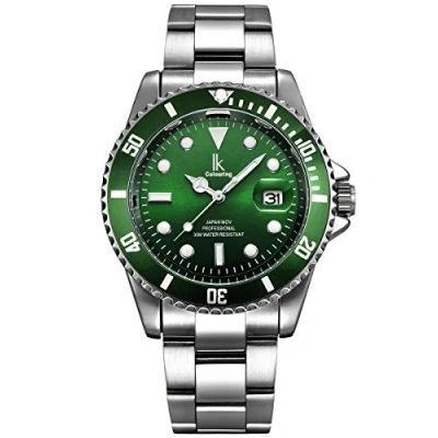 Immagine di Alienwork Orologio Uomo Donna Argento Bracciale in Acciaio Calendario Data Verde Elegante