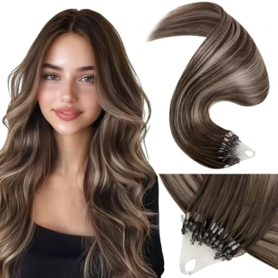 Immagine di LaaVoo Extension Microring Capelli Veri 45cm 50ciocche 1g/ciocche Balayage Marrone Cioccolato a Biondo Scuro Remy Lisci Estensioni Dei Umani Reali #4/18/4
