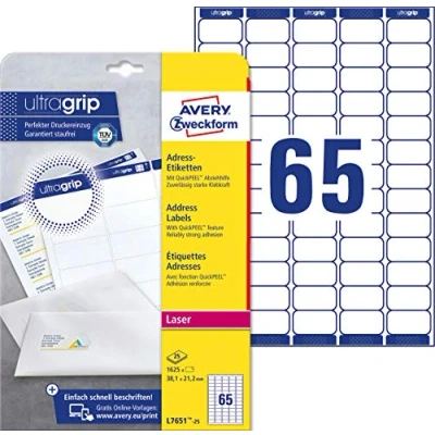 Immagine di AVERY Zweckform L7651 25 etichette per indirizzi (1.625 con angoli arrotondati, 38,1 x 21,2 mm su A4, stampabili, autoadesive, mittenti, carta opaca), fogli, colore: Bianco