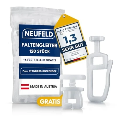 Immagine di NEUFELD® Set di 120 Pattini per tende binari interni (con 6 bloccanti) a pieghe e Rotelle