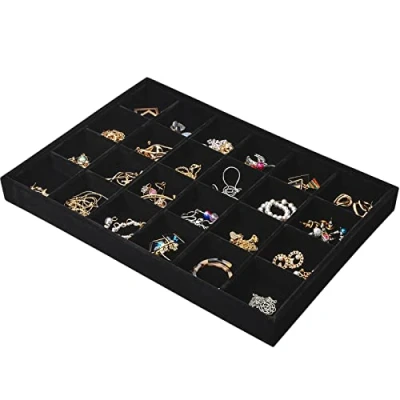 Immagine di 24 Griglie Vassoio Gioielli Velluto per Cassetto, Impilabili Organizer Vassoi Portaoggetti, Scatola Porta Rimovibile Espositore Gioiello Anello Collane Orecchini (Nero)