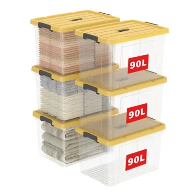 Immagine di Cetomo Scatola portaoggetti in plastica 90L* 6, contenitore trasparente organizzativo con coperchio giallo durevole e fibbie di chiusura sicure, impilabile annidabile, confezione da 6