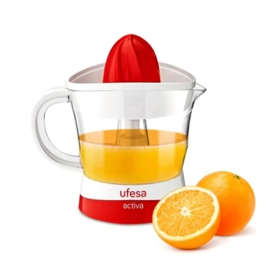 Immagine di Ufesa EX4936 Spremiagrumi Elettrico per agrumi con 2 Coni Frutta di Diverse Dimensioni, 25 W, 0.7 Litri, BPA Free, plastica, Colore Bianco/Rosso