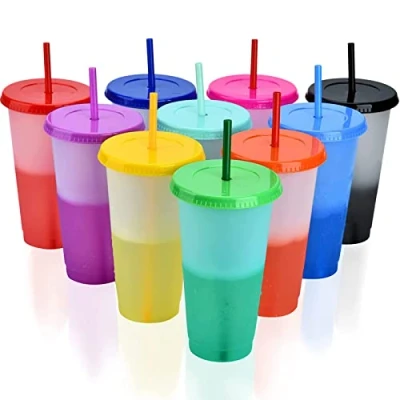 Immagine di PALUDO 10 Pezzi Bicchieri di Plastica Riutilizzabili con Cannuccia e Coperchio, 710ml Tazza che Cambiano Colore, da Viaggio, Colorati per Bambini Adulti Feste