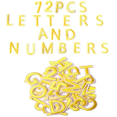 Immagine di Harsgs 72 toppe termoadesive con lettere e numeri, ricamate, dalla A alla Z, numeri 0 9, da applicare ferro stiro, per vestiti, cappelli, jeans, accessori fai te, colore: giallo