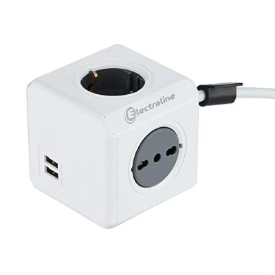 Immagine di Electraline 62045 Multipresa Cubo Powercube 4 Posti con 2 USB 2.1A, Schuko + Spina Italiana, Bivalenti 10/16 Italiane, Colore Bianco, Cavo 1.5M