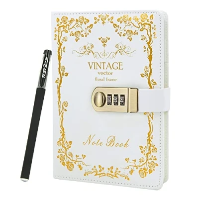 Immagine di NectaRoy Taccuino Vintage in Pelle PU, Diario di Viaggio con Blocco, Chiusura a Chiave, Blocco Password e Portapenne, 215 x 150 mm (Oro)