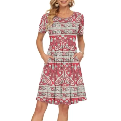 Immagine di AUSELILY Abito Casual da Donna a Pieghe Manica Corta con Scollo V e Lunghezza al Ginocchio Boho Rosso Floreale,M