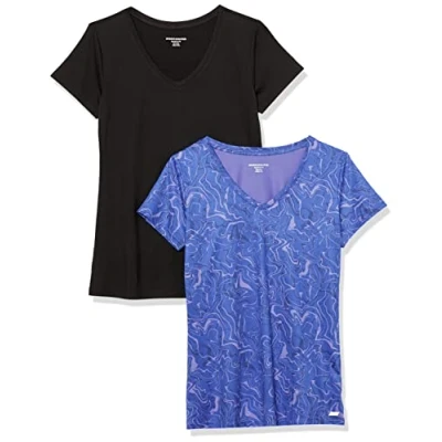 Immagine di Amazon Essentials T Shirt Tech Stretch a Maniche Corte con Scollo V (Disponibile in Taglia Forte) Donna, Pacco da 2, Blu Marmo/Nero, XS