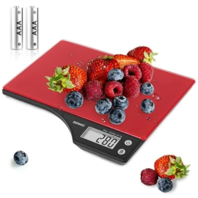 Immagine di Duronic KS350 Bilancia da cucina ad alta precisione con display digitale Portata 1g / 5 kg Piattaforma in vetro Rossa Funzione Tara Ideale per e pasticceria