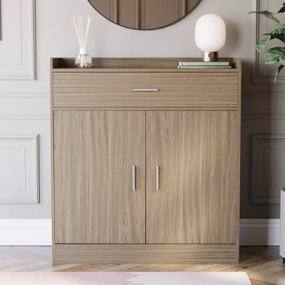 Immagine di Vida Designs Dalby Scarpiera Moderna con 2 Ante e 1 Cassetto, per Corridoio, Porta Scarpe, Credenza in Legno, Rovere, Quercia, Door Drawer, H 90 x L 83 P 34 cm Circa