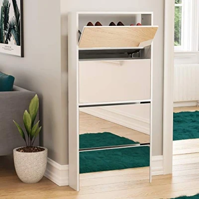 Immagine di Marchio Amazon Vida Designs Welham Scarpiera con 4 Cassetti, a Specchio, per Corridoio, Armadietto, Porta Scarpe, Credenza in Legno, Bianco, Drawer, H 134 x L 63 P 17 cm Circa