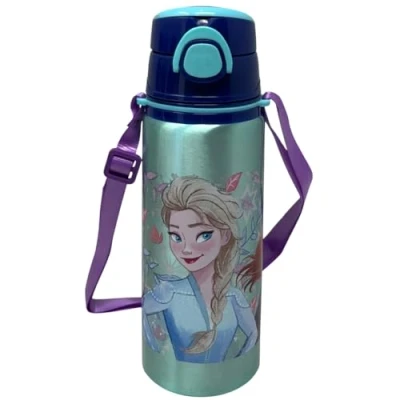 Immagine di Borraccia in alluminio con cannuccia Frozen Disney 730 ml bottiglia apertura automatica pop up per bambini tracolla dotazione