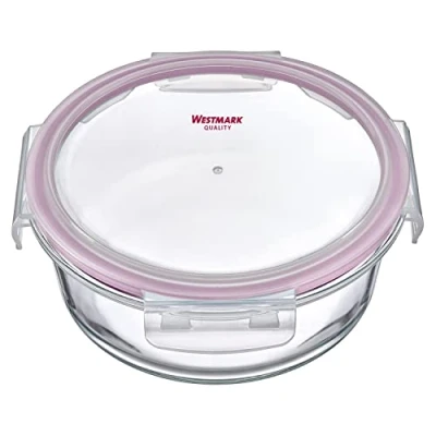 Immagine di Westmark Contenitore per alimenti in vetro, rotondo, capacità di riempimento: 650 ml, adatto a microonde e forno, vetro/silicone/plastica, trasparente/rosso, 233322E1