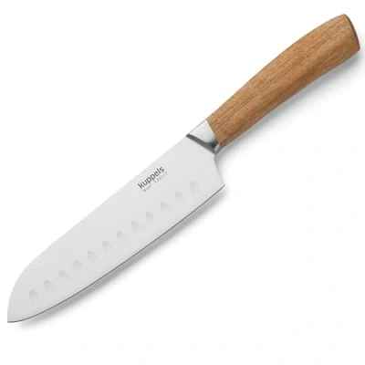 Immagine di Kuppels Wood Santoku coltello con lama affilata, lunghezza 17 cm, estremamente affilato e tagliente, manico in legno di acacia, antiruggine lucidato, tipo giapponese,