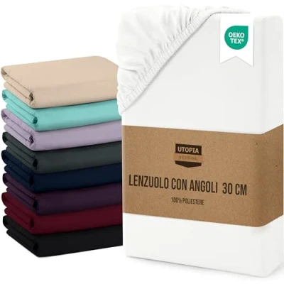 Immagine di Utopia Bedding Lenzuolo con Angoli, Una Piazza 90x200x30 cm Bianco Microfibra di Poliestere Spazzolato Sotto Angoli Elasticizzato