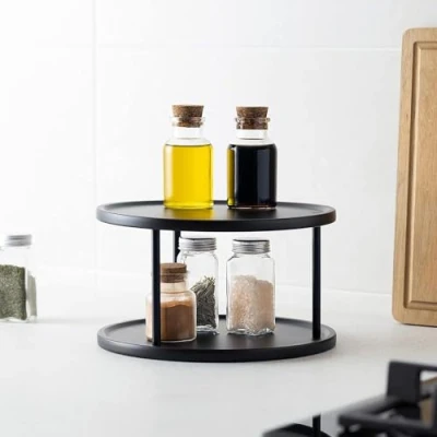 Immagine di Navaris Vassoio Girevole 2X Livelli Piatti girevoli 360 Organizer Cucina Moderna Portaspezie Ripiani Pezzi Lazy Susan Ø26,5 cm Nero