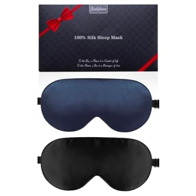 Immagine di BeeVines Mascherina per Dormire, Confezione da 2 Maschera Dormire Seta, Maschere Occhi in Pura Seta 100% con Cinturino Regolabile, Notte i Regali Yoga Viaggio (Nero e Blu)