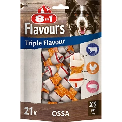 Immagine di 8in1 Triple Flavour Osso XS, per i cani di taglia toy, gusto manzo e maiale &amp; filetto pollo, 21pz.