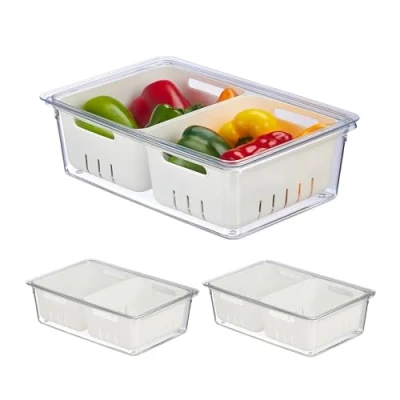 Immagine di Relaxdays Set di 3 Organizer per Frigorifero Contenitori Frigo con Coperchio, da 3, Impilabili, Cestelli Scola Verdure, Box Alimenti, Trasparente, Plastica, 10 x 33,5 22 cm ca