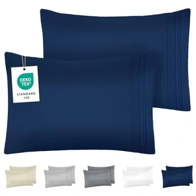 Immagine di DREAMZIE Federe Cuscino Letto 40x70 (Set 2) in Microfibra con Motivo Ricamato OEKO TEX Certificazione Federa Cuscini Morbido Blu Scuro
