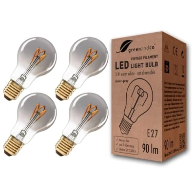 Immagine di greenandco 4x Lampadina a filamento LED Vintage grigio argento E27 A60 3W 90lm 1800K (bianco caldo) 360 230V AC Vetro, nessun sfarfallio, non dimmerabile