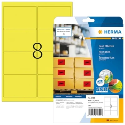 Immagine di HERMA Etichette per Marcatura, 99,1 x 67,7 mm, Adesive A4 Stampante, 8 Foglio, Giallo Neon
