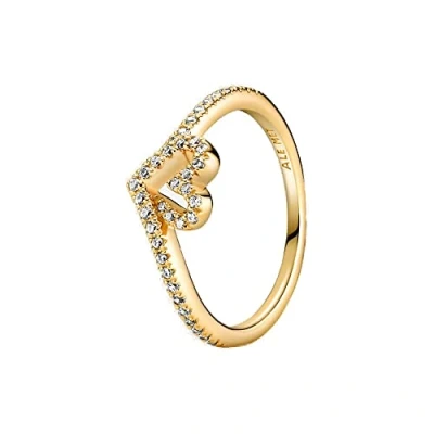 Immagine di PANDORA Timeless Anello Wishbone con cuore e placcato in oro 14k zirconi cubici trasparenti, 60