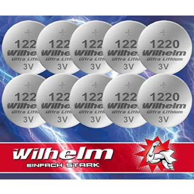 Immagine di 10 pile a bottone al litio CR1220 CR 1220 WILHELM, 3 V, 40 mAh, ø12 x 2 mm, DL1220