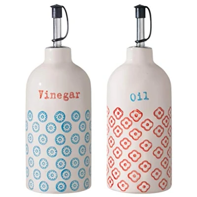 Immagine di Bloomingville Menage Olio e aceto Emma in gres colorato ø 7 H 20 cm, Blu Rosso, Ceramica Gres, Set da 2, capacità 400 ml