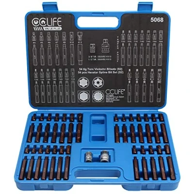 Immagine di CCLIFE Punte Torx con Punta 1/2&quot; e 3/8&quot; Esagonale Poligonali XZN Torx, Lega di Acciaio S2, H4 H12 M5 M12 T20 T55, 54 Pezzi