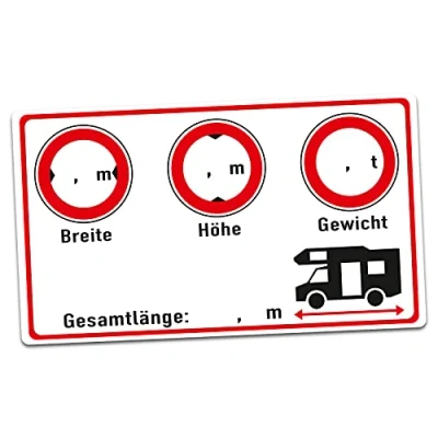 Immagine di Adesivo per camper e camion, 9,5 x 5,5 cm, scrivere, larghezza altezza, peso, lunghezza totale autoadesiva, resistente ai raggi UV, accessorio abitacolo R155 (camper, campi vuoti)