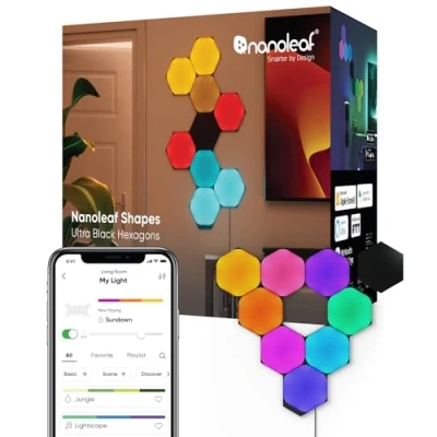 Immagine di Nanoleaf Shapes Ultra Black Hexagon Starter Kit, 9 Esagoni Luminosi Led RGBW Smart Applique da Parete Interno Modulari, Luci 16M Colori WiFi, Funziona con Alexa, Sincronia Musica e Monitor