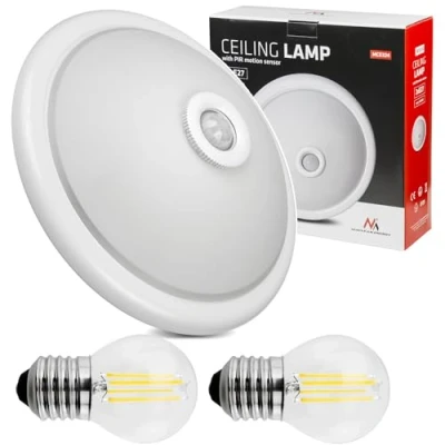 Immagine di Maclean Plafoniera MCE324 con sensore di movimento e crepuscolare inclusa lampadina luce interna Illuminazione lampada PIR IP20 360 E27 (Plafoniera 2x LED 4W bianco caldo G45)
