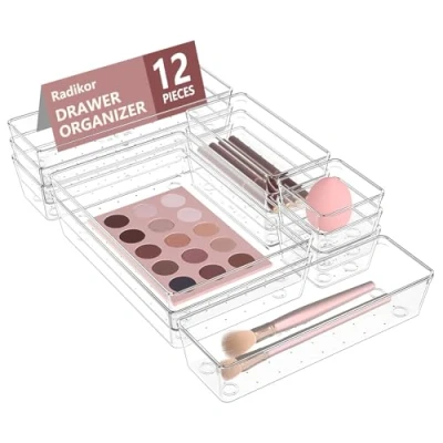 Immagine di Radikor Organizer Cassetti 12 Pezzi, Contenitori per in Plastica Trasparente di 4 Dimensioni, Divisori Impilabili Bagno, Cucina, Trucchi