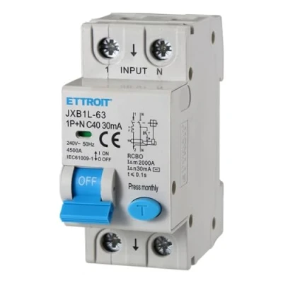 Immagine di Interruttore magnetotermico differenziale salvavita, 1P+N, occupa 2 moduli DIN, 220V 230V, 40A C40, 30mA, 6KA 6000A, RCBO