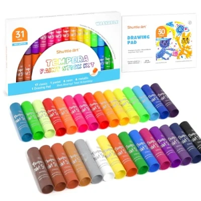 Immagine di Shuttle Art Tempera,Set di 31 bastoncini vernice a tempera, 30 colori con 1 tappetino da disegno per bambini, lavabile, asciugatura super rapida, funziona perfettamente su carta, ceramica, tela