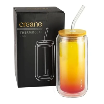 Immagine di Creano Bicchiere a doppia parete con coperchio in bambù e cannuccia, 360 ml, per smoothie Bubble Tea da cocktail