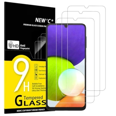 Immagine di NEW&#039;C 3 Pezzi, Vetro Temperato per Samsung Galaxy A22 4G (Non 5G), Pellicola Prottetiva Anti Graffio, Impronte, Durezza 9H, 0,33mm Ultra Trasparente, Resistente