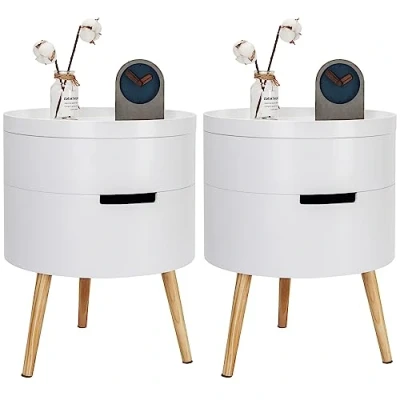Immagine di WOLTU TS50ws 2 Set di Comodini Bianchi a Ripiani Contenitore Rotondo Organizzatore da Letto Tavolino Salotto in Legno