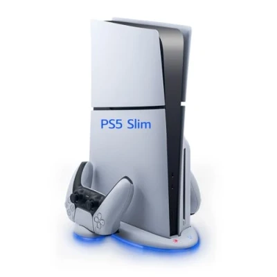 Immagine di Wigearss Supporto Verticale di Raffreddamento PS5 Slim con 3 Livelli Velocità Regolabile del Ventilatore, 9 Luci RGB, Doppio Controller Caricatore per
